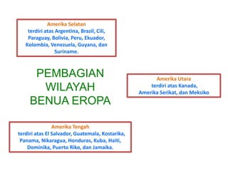 Amerika Utara 
terdiri atas Kanada, 
Amerika Serikat, dan Meksiko 
Amerika Selatan 
terdiri atas Argentina, Brazil, Cili, 
Paraguay, Bolivia, Peru, Ekuador, 
Kolombia, Venezuela, Guyana, dan 
Suriname. 
PEMBAGIAN 
WILAYAH 
BENUA EROPA 
Amerika Tengah 
terdiri atas El Salvador, Guatemala, Kostarika, 
Panama, Nikaragua, Honduras, Kuba, Haiti, 
Dominika, Puerto Riko, dan Jamaika. 
 