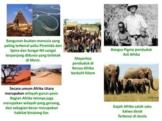 Bangunan buatan manusia yang 
paling terkenal yaitu Piramida dan 
Spinx dan Sungai Nil sungai 
terpanjang didunia yang terletak 
di Mesir. 
Bangsa Pigmy penduduk 
Asli Afrika 
Secara umum Afrika Utara 
merupakan wilayah gurun pasir. 
Bagian Afrika lainnya juga 
merupakan wilayah yang gersang, 
dan sebagian besar merupakan 
habitat binatang liar. 
Gajah Afrika salah satu 
Satwa darat 
Terbesar di dunia 
Mayoritas 
penduduk di 
Benua Afrika 
berkulit hitam 
 