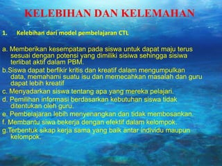 KELEBIHAN DAN KELEMAHAN
1.

Kelebihan dari model pembelajaran CTL

a. Memberikan kesempatan pada siswa untuk dapat maju terus
sesuai dengan potensi yang dimiliki sisiwa sehingga sisiwa
terlibat aktif dalam PBM.
b.Siswa dapat berfikir kritis dan kreatif dalam mengumpulkan
data, memahami suatu isu dan memecahkan masalah dan guru
dapat lebih kreatif
c. Menyadarkan siswa tentang apa yang mereka pelajari.
d. Pemilihan informasi berdasarkan kebutuhan siswa tidak
ditentukan oleh guru.
e. Pembelajaran lebih menyenangkan dan tidak membosankan.
f. Membantu siwa bekerja dengan efektif dalam kelompok.
g.Terbentuk sikap kerja sama yang baik antar individu maupun
kelompok.

 