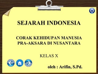 SEJARAH INDONESIA
CORAK KEHIDUPAN MANUSIA
PRA-AKSARA DI NUSANTARA
KELAS X
oleh : Arifin, S.Pd.
 