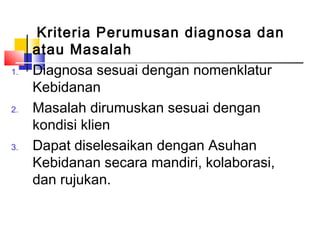 Kriteria Perumusan diagnosa dan
atau Masalah
1. Diagnosa sesuai dengan nomenklatur
Kebidanan
2. Masalah dirumuskan sesuai dengan
kondisi klien
3. Dapat diselesaikan dengan Asuhan
Kebidanan secara mandiri, kolaborasi,
dan rujukan.
 