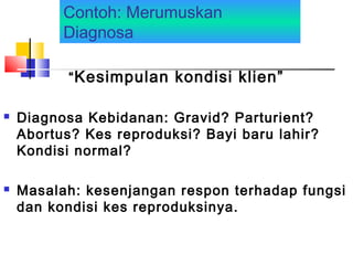 Contoh: Merumuskan
Diagnosa
“Kesimpulan kondisi klien”
 Diagnosa Kebidanan: Gravid? Parturient?
Abortus? Kes reproduksi? Bayi baru lahir?
Kondisi normal?
 Masalah: kesenjangan respon terhadap fungsi
dan kondisi kes reproduksinya.
 