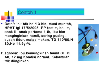Contoh 1
 Data”: ibu tdk haid 3 bln, mual muntah,
HPHT tgl 17/5/2005, PP test +, ball +,
anak II, anak pertama 1 th, ibu blm
menginginkan hamil, sering pusing,
susah tidur, malas makan, TD 110/80,N
80,Hb 11,9gr%.
Diagnosa: Ibu kemungkinan hamil GII PI
A0, 12 mg Kondisi normal. Kehamilan
tdk diinginkan.
 