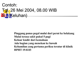 Contoh:
Tgl. 26 Mei 2004, 08.00 WIB
S : (Keluhan)
Pinggang panas pegal mulai dari perut ke belakang
Mulai terasa sakit pukul 5 pagi
Keluar lendir dari kemaluan
Ada bagian yang menekan ke bawah
Kehamilan yang pertama periksa teratur di klinik
HPHT 19-8-03
 