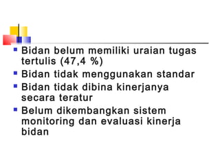  Bidan belum memiliki uraian tugas
tertulis (47,4 %)
 Bidan tidak menggunakan standar
 Bidan tidak dibina kinerjanya
secara teratur
 Belum dikembangkan sistem
monitoring dan evaluasi kinerja
bidan
 