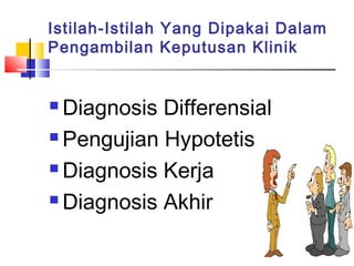 Istilah-Istilah Yang Dipakai Dalam
Pengambilan Keputusan Klinik
 Diagnosis Differensial
 Pengujian Hypotetis
 Diagnosis Kerja
 Diagnosis Akhir
 