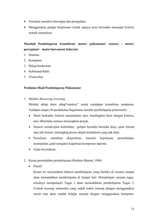 •   Teruskan memberi dorongan dan peneguhan.
•   Menggerakan pelajar berprestasi lemah supaya terus berusaha mencapai kriteria
    terbaik kemahiran.


Masalah Pembelajaran kemahiran/ motor/ psikomotor/ sensory - motor/
perceptual - motor/movement behavior.
1. Stamina
2. Ketepatan
3. Halaju/kederasan
4. Kebiasaan/habit
5. Penmaship


Penilaian Hasil Pembelajaran Psikomotor


1. Melalui Mastering Learning
    Melalui tahap demi tahap"mastery" untuk mendapat kemahiran sempurna.
    Terdapat empat (4) pendekatan bagaimana menilai pembelajaran psikomotor.
    •   Skala berkadar; kriteria menentukan skor, bandingkan hasil dengan kriteria,
        skor diberitahu semasa menyiapkan projek.
    •   Senarai semak/ujian kebolehan; pelajar beritahu bersedia diuji, ujian formal
        atau tak formal, melengkap proses dalam kemahiran yang nak diuji.
    •   Penulisan;   membuat    eksperimen,    menulis    keputusan,   pemerhatian,
        kesimpulan, gred mengikut keperluan komponen laporan.
    •   Ujian kecerdasan.


2. Kesan pemindahan pembelajaran (Ibrahim Mamat, 1996)
    •   Positif
        Kesan ini menyatakan bahawa pembelajaran yang berlaku di sesuatu tempat
        akan memudahkan pembelajaran di tempat lain. Mempelajari sesuatu tugas,
        misalnya mempelajari Tugas 1 akan memudahkan pembelajaran Tugas 2.
        Contoh seorang setiausaha yang sudah mahir menaip dengan menggunakan
        mesin taip akan mudah belajar menaip dengan menggunakan komputer.



                                                                                 13
 