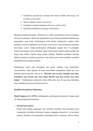 1. Kemahiran penyelesaian masalah dan mencari Sebab (Reasoning and
            problem-solving skills)
        2. Operasi ingatan (memory operations)
        3. Kemahiran membuat keputusan (Decision making skills)
        4. Kemahiran berbahasa (Language related skills)


Mengikut pendapat pendapat Schmidt, R.A. (1982), pembelajaran motor merupakan
satu proses gabungan latihan dan pengalaman yang menjana perubahan tindakan atau
pergerakkan yang kekal. Pembelajaran telah berlaku berdasarkan maklum balas
mengikut prestasi pengetahuan (knowledge performance) dan pencapaian keputusan
(knowledge result). Tahap pembelajaran dibahagikan kepada lima (5) peringkat.
Pertama pencapaian ketika praktikal, kedua ialah melalui ingatan jangka pendek dan
ketiga juga mellaui ingatan tetapi jangka panjang. Manakala peringkat keempat
adalah kemahiran membuat generalisasi dan kelima pula ialah kemahiran membuat
pengubahsuaian mengikut keadaan.


Pembelajaran motor juga merupakan satu proses tindakan yang bermatlamat
menyelesaikan suatu tugasan; di mana memerlukan pergerakkan badan atau otot.
Samalah seperti kata-kata hikmat ini. "Beritahu saya sesuatu, mungkin saya lupa;
Tunjukkan saya sesuatu saya akan ingat; Biarlah saya buat sendiri, saya mula
belajar". Pembelajaran psikomotor boleh dilihat dari dua (2) segi iaitu kebolehan
motor (produk) atau proses berubah (proses).


Klasifikasi Kemahiran Psikomotor


Model Simpson, E.J. (1972) membahagikan pembelajaran psikomotor kepada tujuh
(7) tahap penguasaan kemahiran


1. Persepsi (perception)
   Pelajar peka kepada rangsangan lalu memeberi perhatian. Dia merasakan perlu
   mempelajari kemahiran berkenaan; baginya tanggapan kemahiran itu bermakna
   padanya. Keadaan ini menunjukkan kemampuan deria memandu aktiviti. Motor


                                                                                5
 