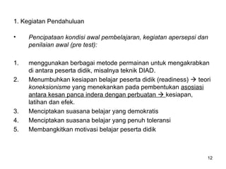 1. Kegiatan Pendahuluan
• Pencipataan kondisi awal pembelajaran, kegiatan apersepsi dan
penilaian awal (pre test):
1. menggunakan berbagai metode permainan untuk mengakrabkan
di antara peserta didik, misalnya teknik DIAD.
2. Menumbuhkan kesiapan belajar peserta didik (readiness)  teori
koneksionisme yang menekankan pada pembentukan asosiasi
antara kesan panca indera dengan perbuatan  kesiapan,
latihan dan efek.
3. Menciptakan suasana belajar yang demokratis
4. Menciptakan suasana belajar yang penuh toleransi
5. Membangkitkan motivasi belajar peserta didik
12
 