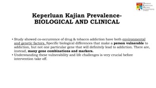 Keperluan Kajian Prevalence-
BIOLOGICAL AND CLINICAL
• Study showed co-occurrence of drug & tobacco addiction have both environmental
and genetic factors. Specific biological differences that make a person vulnerable to
addiction, but not one particular gene that will definitely lead to addiction. There are,
instead, many gene combinations and markers.
• Understanding these vulnerability and life challenges is very crucial before
intervention take off.
 