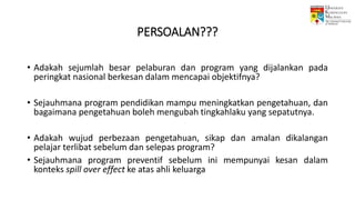 PERSOALAN???
• Adakah sejumlah besar pelaburan dan program yang dijalankan pada
peringkat nasional berkesan dalam mencapai objektifnya?
• Sejauhmana program pendidikan mampu meningkatkan pengetahuan, dan
bagaimana pengetahuan boleh mengubah tingkahlaku yang sepatutnya.
• Adakah wujud perbezaan pengetahuan, sikap dan amalan dikalangan
pelajar terlibat sebelum dan selepas program?
• Sejauhmana program preventif sebelum ini mempunyai kesan dalam
konteks spill over effect ke atas ahli keluarga
 