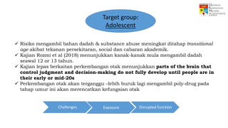 Target group:
Adolescent
 Risiko mengambil bahan dadah & substance abuse meningkat ditahap transitional
age akibat tekanan persekitaran, social dan cabaran akademik.
 Kajian Rozmi et al (2018) menunjukkan kanak-kanak mula mengambil dadah
seawal 12 or 13 tahun.
 Kajian lepas berkaitan perkembangan otak menunjukkan parts of the brain that
control judgment and decision-making do not fully develop until people are in
their early or mid-20s
 Perkembangan otak akan terganggu –lebih buruk lagi mengambil poly-drug pada
tahap umur ini akan merencatkan kefungsian otak
Challenges Exposure Disrupted function
 