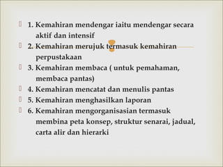
 1. Kemahiran mendengar iaitu mendengar secara
aktif dan intensif
 2. Kemahiran merujuk termasuk kemahiran
perpustakaan
 3. Kemahiran membaca ( untuk pemahaman,
membaca pantas)
 4. Kemahiran mencatat dan menulis pantas
 5. Kemahiran menghasilkan laporan
 6. Kemahiran mengorganisasian termasuk
membina peta konsep, struktur senarai, jadual,
carta alir danhierarki
 