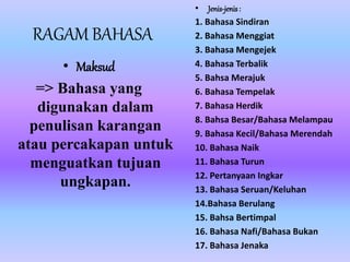 RAGAM BAHASA 
• Maksud 
=> Bahasa yang 
digunakan dalam 
penulisan karangan 
atau percakapan untuk 
menguatkan tujuan 
ungkapan. 
• Jenis-jenis : 
1. Bahasa Sindiran 
2. Bahasa Menggiat 
3. Bahasa Mengejek 
4. Bahasa Terbalik 
5. Bahsa Merajuk 
6. Bahasa Tempelak 
7. Bahasa Herdik 
8. Bahsa Besar/Bahasa Melampau 
9. Bahasa Kecil/Bahasa Merendah 
10. Bahasa Naik 
11. Bahasa Turun 
12. Pertanyaan Ingkar 
13. Bahasa Seruan/Keluhan 
14.Bahasa Berulang 
15. Bahsa Bertimpal 
16. Bahasa Nafi/Bahasa Bukan 
17. Bahasa Jenaka 
 