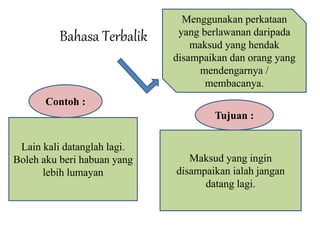 Bahasa Terbalik 
Menggunakan perkataan 
yang berlawanan daripada 
maksud yang hendak 
disampaikan dan orang yang 
mendengarnya / 
membacanya. 
Contoh : 
Lain kali datanglah lagi. 
Boleh aku beri habuan yang 
lebih lumayan 
Tujuan : 
Maksud yang ingin 
disampaikan ialah jangan 
datang lagi. 
 