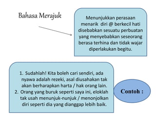 Bahasa Merajuk Menunjukkan perasaan 
menarik diri @ berkecil hati 
disebabkan sesuatu perbuatan 
yang menyebabkan seseorang 
berasa terhina dan tidak wajar 
diperlakukan begitu. 
1. Sudahlah! Kita boleh cari sendiri, ada 
nyawa adalah rezeki, asal diusahakan tak 
akan berharapkan harta / hak orang lain. 
2. Orang yang buruk seperti saya ini, eloklah 
tak usah menunjuk-nunjuk / menonjolkan 
diri seperti dia yang dianggap lebih baik. 
Contoh : 
 