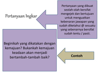 Pertanyaan Ingkar 
Pertanyaan yang dibuat 
seolah-olah bersifat 
mengejek dan bertujuan 
untuk menguatkan 
kebenaran jawapan yang 
sudah diketahui @ sesuatu 
yang sebenarnya bersifat 
sudah tentu / pasti. 
Beginikah yang dikatakan dengan 
kemajuan? Bukankah kemajuan 
keadaan akan menjadi 
bertambah-tambah baik? Contoh : 
 