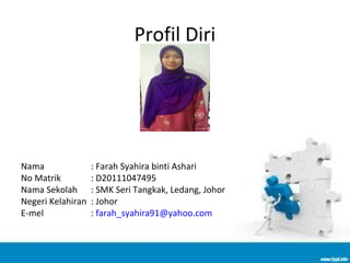 Profil Diri
Nama : Farah Syahira binti Ashari
No Matrik : D20111047495
Nama Sekolah : SMK Seri Tangkak, Ledang, Johor
Negeri Kelahiran : Johor
E-mel : farah_syahira91@yahoo.com
 