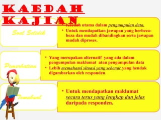 ? Kaedah utama dalam pengumpulan data.
? Untuk mendapatkan jawapan yang berbeza-
beza dan mudah dibandingkan serta jawapan
mudah diproses.
Soal Selidik
? Yang merupakan alternatif yang ada dalam
pengumpulan maklumat atau pengumpulan data
? Lebih memahami situasi yang sebenar yang hendak
digambarkan oleh responden.
Pemerhatian
? Untuk mendapatkan maklumat
secara terus yang lengkap dan jelas
daripada responden.
Temubual
KAEDAH
KAJIAN
 