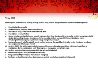 Prinsip KBSR

KBSR digubal berlandaskan prinsip-prinsip berikut yang selaras dengan Falsafah Pendidikan Kebangsaan:-

i.    Pendekatan Bersepadu;
ii.   Perkembangan individu secara menyeluruh;
iii.  Pendidikan yang sama untuk semua murid; dan
iv.   Pendidikan seumur hidup.
v.    Murid sekolah rendah lazimnya mudah memperolehi ilmu dan kemahiran melalui aktiviti kemahiran dibilik
      darjah berbanding dengan penglaman hidup mereka, justeru semua aktiviti pembelajaran harus
      dihubungkaitkan dengan pengalaman hidup mengikut peringkat
vi. Suasana kondusif sekolah adalah untuk meberi peluang dan galakkan interaksi sosial , bertukar pendapat
      dan kerjasama di kalangan murid
vii. Aktiviti dibilik darjah harus membolehkan murid mengembangkan pemikiran kritis dan kreatif serta
      melibatkan diri mereka secara aktif dalam proses menguasai kemahiran asas
viii. Aktiviti organisasi dan pengurusan bilik darjah perlu fleksibel
ix. Penekanan kepada nilai (merentas kurikulum)
x. Penguasaan 3M (membaca, menulis dan mengira)
xi . Penilaian perlu di intergrasikan dalam semua aktiviti pembelajaran dalam bilik darjah
 