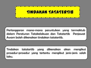 TINDAKAN TATATERTIB


Perlanggaran mana-mana peruntukan yang termaktub
dalam Peraturan Tatakelakuan dan Tatatertib Penjawat
Awam boleh dikenakan tindakan tatatertib.


Tindakan tatatertib yang dikenakan akan mengikut
prosedur-prosedur yang tertentu mengikut jenis-jenis salah
laku.
 