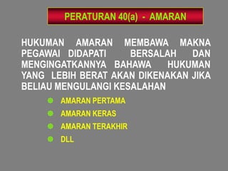 PERATURAN 40(a) - AMARAN

HUKUMAN AMARAN MEMBAWA MAKNA
PEGAWAI DIDAPATI     BERSALAH   DAN
MENGINGATKANNYA BAHAWA      HUKUMAN
YANG LEBIH BERAT AKAN DIKENAKAN JIKA
BELIAU MENGULANGI KESALAHAN
     AMARAN PERTAMA
     AMARAN KERAS
     AMARAN TERAKHIR
     DLL
 