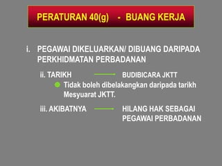 PERATURAN 40(g) - BUANG KERJA


i. PEGAWAI DIKELUARKAN/ DIBUANG DARIPADA
   PERKHIDMATAN PERBADANAN
   ii. TARIKH                BUDIBICARA JKTT
          Tidak boleh dibelakangkan daripada tarikh
           Mesyuarat JKTT.
   iii. AKIBATNYA           HILANG HAK SEBAGAI
                            PEGAWAI PERBADANAN
 