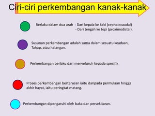 Ciri-ciri perkembangan kanak-kanak
Berlaku dalam dua arah - Dari kepala ke kaki (cephalocaudal)
- Dari tengah ke tepi (proximodistal).
Susunan perkembangan adalah sama dalam sesuatu keadaan,
Tahap, atau halangan.
Perkembangan berlaku dari menyeluruh kepada spesifik
Proses perkembangan berterusan iaitu daripada permulaan hingga
akhir hayat, iaitu peringkat matang.
Perkembangan dipengaruhi oleh baka dan persekitaran.
 