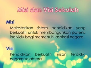 Melestarikan sistem pendidikan yang
berkualiti untuk membangunkan potensi
individu bagi memenuhi aspirasi negara.
Pendidikan berkualiti, insan terdidik,
negara sejahtera.
 