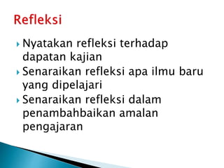  Nyatakan refleksi terhadap
dapatan kajian
 Senaraikan refleksi apa ilmu baru
yang dipelajari
 Senaraikan refleksi dalam
penambahbaikan amalan
pengajaran
 
