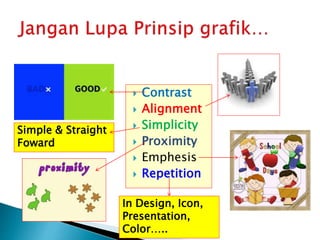  Contrast
 Alignment
 Simplicity
 Proximity
 Emphesis
 Repetition
Simple & Straight
Foward
In Design, Icon,
Presentation,
Color…..
 