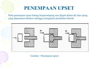 PENEMPAAN UPSET
Pada penempaan upset batang berpenampang rata dijepit dalam die dan ujung
yang dipanaskan ditekan sehingga mengalami perubahan bentuk.
Gambar : Penempaan upset.
 