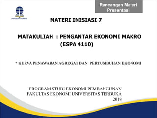 Rancangan Materi
Presentasi
MATERI INISIASI 7
MATAKULIAH : PENGANTAR EKONOMI MAKRO
(ESPA 4110)
PROGRAM STUDI EKONOMI PEMBANGUNAN
FAKULTAS EKONOMI UNIVERSITAS TERBUKA
2018
* KURVA PENAWARAN AGREGAT DAN PERTUMBUHAN EKONOMI
 