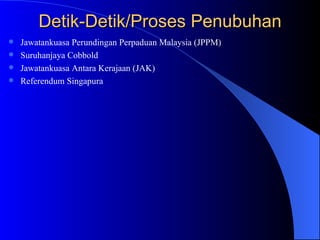 Detik-Detik/Proses Penubuhan Jawatankuasa Perundingan Perpaduan Malaysia (JPPM) Suruhanjaya Cobbold Jawatankuasa Antara Kerajaan (JAK) Referendum Singapura 