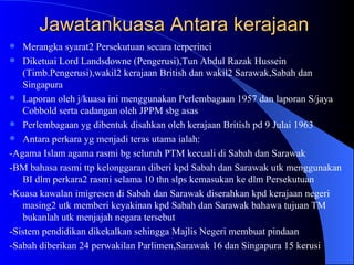 Jawatankuasa Antara kerajaan   Merangka syarat2 Persekutuan secara terperinci Diketuai Lord Landsdowne (Pengerusi),Tun Abdul Razak Hussein (Timb.Pengerusi),wakil2 kerajaan British dan wakil2 Sarawak,Sabah dan Singapura  Laporan oleh j/kuasa ini menggunakan Perlembagaan 1957 dan laporan S/jaya Cobbold serta cadangan oleh JPPM sbg asas Perlembagaan yg dibentuk disahkan oleh kerajaan British pd 9 Julai 1963  Antara perkara yg menjadi teras utama ialah: -Agama Islam agama rasmi bg seluruh PTM kecuali di Sabah dan Sarawak -BM bahasa rasmi ttp kelonggaran diberi kpd Sabah dan Sarawak utk menggunakan BI dlm perkara2 rasmi selama 10 thn slps kemasukan ke dlm Persekutuan -Kuasa kawalan imigresen di Sabah dan Sarawak diserahkan kpd kerajaan negeri masing2 utk memberi keyakinan kpd Sabah dan Sarawak bahawa tujuan TM bukanlah utk menjajah negara tersebut -Sistem pendidikan dikekalkan sehingga Majlis Negeri membuat pindaan -Sabah diberikan 24 perwakilan Parlimen,Sarawak 16 dan Singapura 15 kerusi  