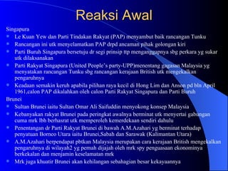 Reaksi Awal Singapura Le Kuan Yew dan Parti Tindakan Rakyat (PAP) menyambut baik rancangan Tunku Rancangan ini utk menyelamatkan PAP drpd ancaman pihak golongan kiri Parti Buruh Singapura bersetuju dr segi prinsip ttp menganggapnya sbg perkara yg sukar utk dilaksanakan Parti Rakyat Singapura (United People’s party-UPP)menentang gagasan Malaysia yg menyatakan rancangan Tunku sbg rancangan kerajaan British utk mengekalkan pengaruhnya Keadaan semakin keruh apabila pilihan raya kecil di Hong Lim dan Anson pd bln April 1961,calon PAP dikalahkan oleh calon Parti Rakyat Singapura dan Parti Buruh Brunei  Sultan Brunei iaitu Sultan Omar Ali Saifuddin menyokong konsep Malaysia Kebanyakan rakyat Brunei pada peringkat awalnya berminat utk menyertai gabungan cuma mrk lbh berhasrat utk memperoleh kemerdekaan sendiri dahulu Penentangan dr Parti Rakyat Brunei di bawah A.M.Azahari yg berminat terhadap penyatuan Borneo Utara iaitu Brunei,Sabah dan Sarawak (Kalimantan Utara)  A.M.Azahari berpendapat pbtkan Malaysia merupakan cara kerajaan British mengekalkan pengaruhnya di wilayah2 yg pernah dijajah oleh mrk spy penguasaan ekonominya berkekalan dan menjamin keselamatan mrk Mrk juga khuatir Brunei akan kehilangan sebahagian besar kekayaannya  