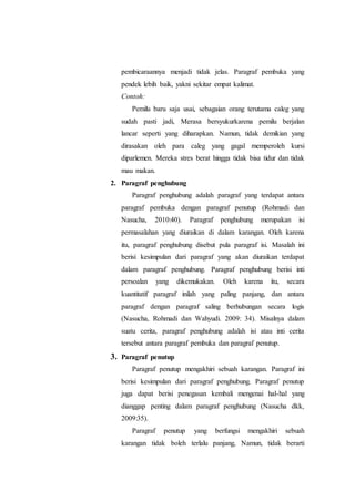 pembicaraannya menjadi tidak jelas. Paragraf pembuka yang
pendek lebih baik, yakni sekitar empat kalimat.
Contoh:
Pemilu baru saja usai, sebagaian orang terutama caleg yang
sudah pasti jadi, Merasa bersyukurkarena pemilu berjalan
lancar seperti yang diharapkan. Namun, tidak demikian yang
dirasakan oleh para caleg yang gagal memperoleh kursi
diparlemen. Mereka stres berat hingga tidak bisa tidur dan tidak
mau makan.
2. Paragraf penghubung
Paragraf penghubung adalah paragraf yang terdapat antara
paragraf pembuka dengan paragraf penutup (Rohmadi dan
Nasucha, 2010:40). Paragraf penghubung merupakan isi
permasalahan yang diuraikan di dalam karangan. Oleh karena
itu, paragraf penghubung disebut pula paragraf isi. Masalah ini
berisi kesimpulan dari paragraf yang akan diuraikan terdapat
dalam paragraf penghubung. Paragraf penghubung berisi inti
persoalan yang dikemukakan. Oleh karena itu, secara
kuantitatif paragraf inilah yang paling panjang, dan antara
paragraf dengan paragraf saling berhubungan secara logis
(Nasucha, Rohmadi dan Wahyudi. 2009: 34). Misalnya dalam
suatu cerita, paragraf penghubung adalah isi atau inti cerita
tersebut antara paragraf pembuka dan paragraf penutup.
3. Paragraf penutup
Paragraf penutup mengakhiri sebuah karangan. Paragraf ini
berisi kesimpulan dari paragraf penghubung. Paragraf penutup
juga dapat berisi penegasan kembali mengenai hal-hal yang
dianggap penting dalam paragraf penghubung (Nasucha dkk,
2009:35).
Paragraf penutup yang berfungsi mengakhiri sebuah
karangan tidak boleh terlalu panjang, Namun, tidak berarti
 