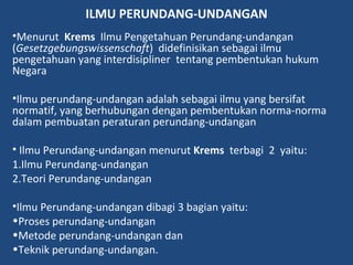 ILMU PERUNDANG-UNDANGAN
•Menurut Krems Ilmu Pengetahuan Perundang-undangan
(Gesetzgebungswissenschaft) didefinisikan sebagai ilmu
pengetahuan yang interdisipliner tentang pembentukan hukum
Negara
•Ilmu perundang-undangan adalah sebagai ilmu yang bersifat
normatif, yang berhubungan dengan pembentukan norma-norma
dalam pembuatan peraturan perundang-undangan
• Ilmu Perundang-undangan menurut Krems terbagi 2 yaitu:
1.Ilmu Perundang-undangan
2.Teori Perundang-undangan
•Ilmu Perundang-undangan dibagi 3 bagian yaitu:
•Proses perundang-undangan
•Metode perundang-undangan dan
•Teknik perundang-undangan.
 