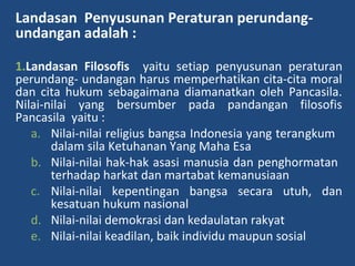 Landasan Penyusunan Peraturan perundang-
undangan adalah :
1.Landasan Filosofis yaitu setiap penyusunan peraturan
perundang- undangan harus memperhatikan cita-cita moral
dan cita hukum sebagaimana diamanatkan oleh Pancasila.
Nilai-nilai yang bersumber pada pandangan filosofis
Pancasila yaitu :
a. Nilai-nilai religius bangsa Indonesia yang terangkum
dalam sila Ketuhanan Yang Maha Esa
b. Nilai-nilai hak-hak asasi manusia dan penghormatan
terhadap harkat dan martabat kemanusiaan
c. Nilai-nilai kepentingan bangsa secara utuh, dan
kesatuan hukum nasional
d. Nilai-nilai demokrasi dan kedaulatan rakyat
e. Nilai-nilai keadilan, baik individu maupun sosial
 