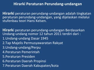 Hirarki Peraturan Perundang-undangan
Hirarki peraturan perundang-undangan adalah tingkatan
peraturan perundang-undangan, yang dijelaskan melalui
stufenbau teori Hans Kelsen.
Hirarki peraturan perundang-undangan Berdasarkan
Undang-undang nomor 12 tahun 2011 terdiri dari :
1.Undang-undang Dasar 1945
2.Tap Majelis Permusyawaratan Rakyat
3.Undang-undang/Perpu
4.Peraturan Pemerintah
5.Peraturan Presiden
6.Peraturan Daerah Propinsi
7.Peraturan Daerah Kabupaten/kota
 