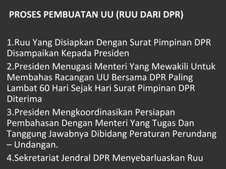 PROSES PEMBUATAN UU (RUU DARI DPR)
1.Ruu Yang Disiapkan Dengan Surat Pimpinan DPR
Disampaikan Kepada Presiden
2.Presiden Menugasi Menteri Yang Mewakili Untuk
Membahas Racangan UU Bersama DPR Paling
Lambat 60 Hari Sejak Hari Surat Pimpinan DPR
Diterima
3.Presiden Mengkoordinasikan Persiapan
Pembahasan Dengan Menteri Yang Tugas Dan
Tanggung Jawabnya Dibidang Peraturan Perundang
– Undangan.
4.Sekretariat Jendral DPR Menyebarluaskan Ruu
 