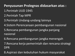Penyusunan Prolegnas didasarkan atas :
1.Perintah UUD 1945
2.Perintah Tap MPR
3.Perintah Undang-undang lainnya
4.Sistem Perencanaan pembangunan nasional
5.Rencana pembangunan jangka panjang
nasional
6.Rencana pembangunan jangka menengah
7.Rencana kerja pemerintah dan rencana strategi
DPR
8.Aspirasi dan kebutuhan hukum masyarakat
 