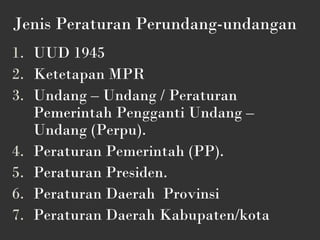 Jenis Peraturan Perundang-undangan
1. UUD 1945
2. Ketetapan MPR
3. Undang – Undang / Peraturan
Pemerintah Pengganti Undang –
Undang (Perpu).
4. Peraturan Pemerintah (PP).
5. Peraturan Presiden.
6. Peraturan Daerah Provinsi
7. Peraturan Daerah Kabupaten/kota
 