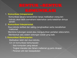 1. Komunikasi Intrapersonal
    Komunikasi secara bersendirian tanpa melibatkan orang lain
    Individu akan lebih memahami kelemahan serta kelebihan dirinya
     sendiri.
2. Komunikasi Interpersonal
   Dua individu terlibat dan saling menghasilkan serta menafsirkan
     maklumat.
   Membina hubungan sosial atau mengukuhkan pertalian silaturrahim.
    Membentuk satu sistem sokongan sosial yang baik.
3. Komunikasi Berkumpulan
     Melibatkan lebih dari dua individu.
     Ciri ciri komunikasi berkumpulan
       ꞉Saiz kumpulan yang sesuai
       ꞉Tingkat interaksi dan faham matlamat yg perlu dicapai
       ꞉Peranan ahli dan kesepakatan
 