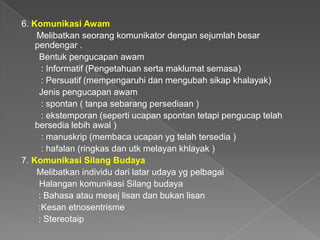 6. Komunikasi Awam
    Melibatkan seorang komunikator dengan sejumlah besar
    pendengar .
     Bentuk pengucapan awam
      : Informatif (Pengetahuan serta maklumat semasa)
      : Persuatif (mempengaruhi dan mengubah sikap khalayak)
     Jenis pengucapan awam
      : spontan ( tanpa sebarang persediaan )
      : ekstemporan (seperti ucapan spontan tetapi pengucap telah
    bersedia lebih awal )
      : manuskrip (membaca ucapan yg telah tersedia )
      : hafalan (ringkas dan utk melayan khlayak )
7. Komunikasi Silang Budaya
    Melibatkan individu dari latar udaya yg pelbagai
     Halangan komunikasi Silang budaya
     : Bahasa atau mesej lisan dan bukan lisan
     :Kesan etnosentrisme
     : Stereotaip
 