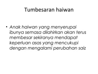 Tumbesaran haiwan
• Anak haiwan yang menyerupai
ibunya semasa dilahirkan akan terus
membesar sekiranya mendapat
keperluan asas yang mencukupi
dengan mengalami perubahan saiz

 