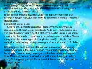 Untuk letak benda pada ruangan lainnya anda bisa menggambarnya
sendiri dengan memanfaatkan ketiga sinar istimewa yang telah
dipaparkan di atas. Begitu juga dalam menentukan sifat bayangannya.
Lihat contoh pada animasi di atas.
Selain dengan melukis bayangan , kita juga dapat menentukan sifat
bayangan dengan menggunakan metode penomoran ruang berdasarkan
aturan Esbach
Dalil Esbach untuk lensa:
Seperti pada pemantulan cahaya, pada pembiasan cahaya juga
digunakan dalil Esbach untuk membantu Anda menentukan posisi dan
sifat-sifat bayangan yang dibentuk oleh lensa positif. Untuk lensa nomor
ruang untuk benda dan nomor ruang untuk bayangan dibedakan. Nomor
ruang untuk benda menggunakan angka Romawi (I, II, III, dan IV),
sedangkan untuk ruang bayangan menggunakan angka Arab (1, 2, 3 dan
Sama seperti pada pemantulan cahaya pada cermin lengkung,
posisi bayangan ditentukan dengan menjumlahkan nomor ruang
benda dan nomor ruang bayangan, yakni harus sama dengan
lima. Misalnya benda berada di ruang II, maka bayangan ada di
ruang 3. Lengkapnya dalil Esbach untuk lensa dapat disimpulkan
sebagai berikut.

 
