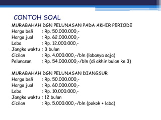 CONTOH SOAL
MURABAHAH DGN PELUNASAN PADA AKHIR PERIODE
Harga beli : Rp. 50.000.000,-
Harga jual : Rp. 62.000.000,-
Laba : Rp. 12.000.000,-
Jangka waktu : 3 bulan
Cicilan : Rp. 4.000.000,-/bln (labanya saja)
Pelunasan : Rp. 54.000.000,-/bln (di akhir bulan ke 3)
MURABAHAH DGN PELUNASAN DIANGSUR
Harga beli : Rp. 50.000.000,-
Harga jual : Rp. 60.000.000,-
Laba : Rp. 10.000.000,-
Jangka waktu : 12 bulan
Cicilan : Rp. 5.000.000,-/bln (pokok + laba)
 