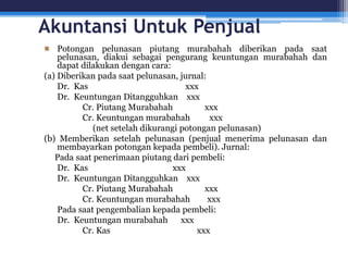 Akuntansi Untuk Penjual
Potongan pelunasan piutang murabahah diberikan pada saat
pelunasan, diakui sebagai pengurang keuntungan murabahah dan
dapat dilakukan dengan cara:
(a) Diberikan pada saat pelunasan, jurnal:
Dr. Kas xxx
Dr. Keuntungan Ditangguhkan xxx
Cr. Piutang Murabahah xxx
Cr. Keuntungan murabahah xxx
(net setelah dikurangi potongan pelunasan)
(b) Memberikan setelah pelunasan (penjual menerima pelunasan dan
membayarkan potongan kepada pembeli). Jurnal:
Pada saat penerimaan piutang dari pembeli:
Dr. Kas xxx
Dr. Keuntungan Ditangguhkan xxx
Cr. Piutang Murabahah xxx
Cr. Keuntungan murabahah xxx
Pada saat pengembalian kepada pembeli:
Dr. Keuntungan murabahah xxx
Cr. Kas xxx
 
