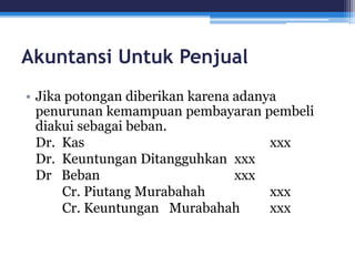 Akuntansi Untuk Penjual
• Jika potongan diberikan karena adanya
penurunan kemampuan pembayaran pembeli
diakui sebagai beban.
Dr. Kas xxx
Dr. Keuntungan Ditangguhkan xxx
Dr Beban xxx
Cr. Piutang Murabahah xxx
Cr. Keuntungan Murabahah xxx
 